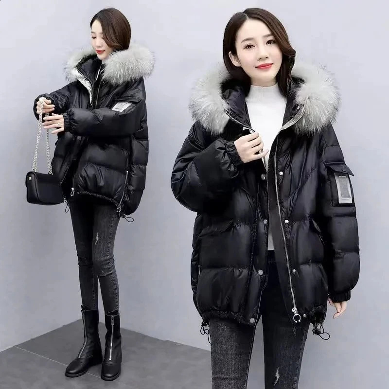 Winter Warm Down Cotton Jacket With Large Fur collar Hooded Coat Loose Women Thicken Parker Puffer Overcoat Casual wear 251021