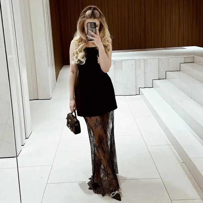 Black Sleeveless Elegant Strapless Vest Sexy Lace Long Skirt Set Patchwork Dress Set Formal Evening Party 2 Pieces Outfits Women 251020