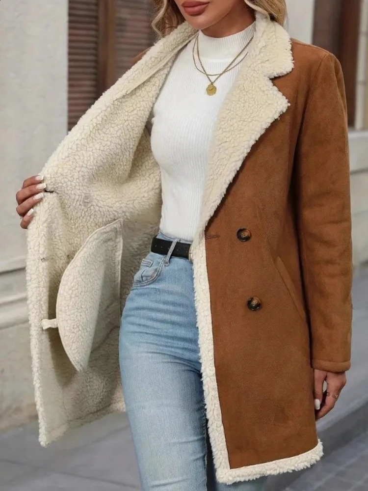 Autumn Winter Womens in Solid Color Overcoat Clothing Fleece Suede Medium Long Woolen Casual Notched Lapel Warm Jacket 251018