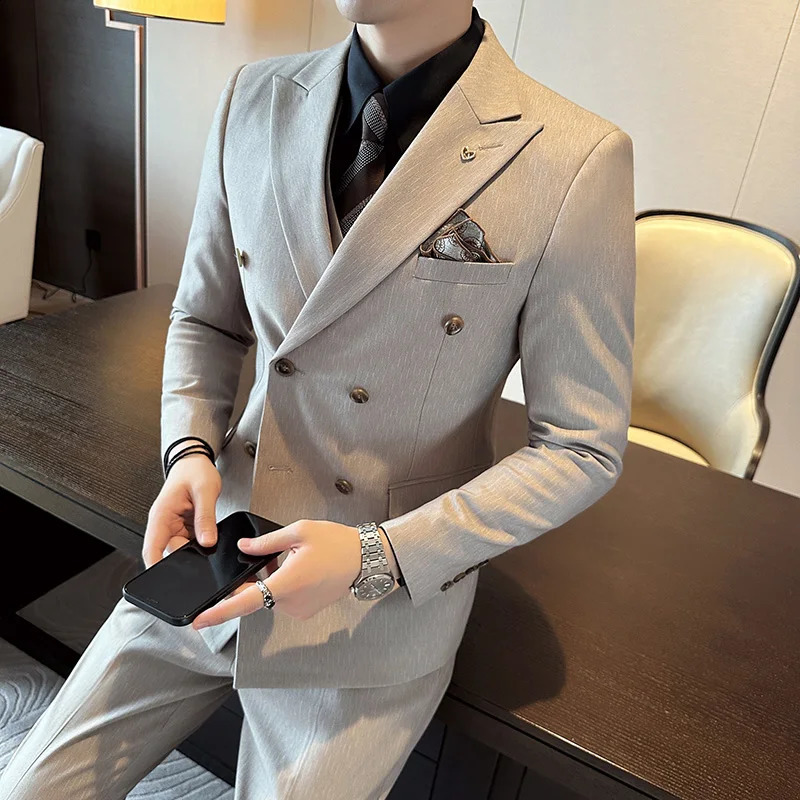 Mens Double Breasted 32 Piece Business Casual Wedding Dress Suit with Trousers Regular Fit Bridegroom High Sense 251023