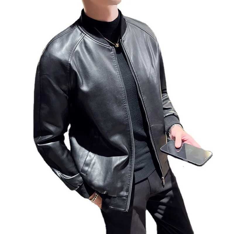 Faux Leather Cardigan Outerwear Men PU Leather Zipper Jacket Stand Collar Coats Long Sleeve Loose Fit Solid High Street W251023