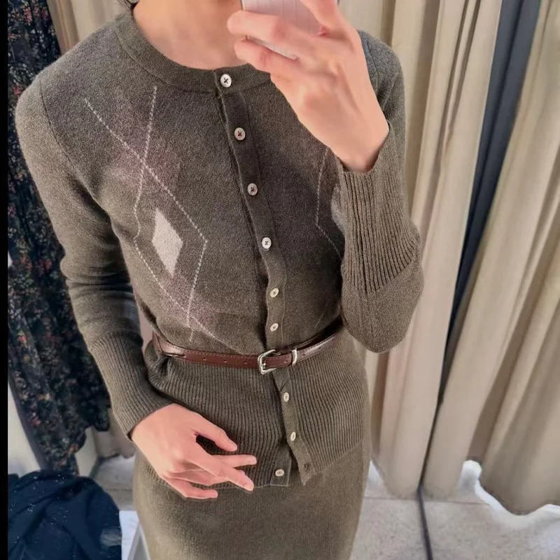 Womens Elegant Olive Green Knit Two Piece Set Argyle Cardigan with Belt Midi Skirt for Chic Autumn Winter Style 251022