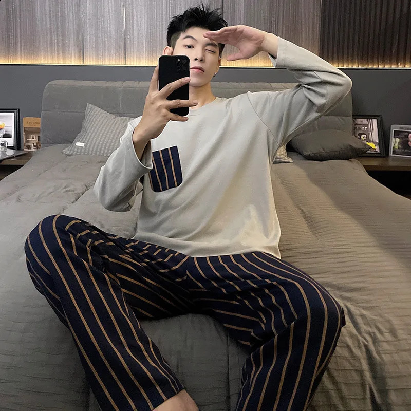 Cotton Men Pajama Long Sleepwear Elegant Male Big Size Pijama Hombre Nightwear Striped Loungewear pajamas for men Dropship 251021