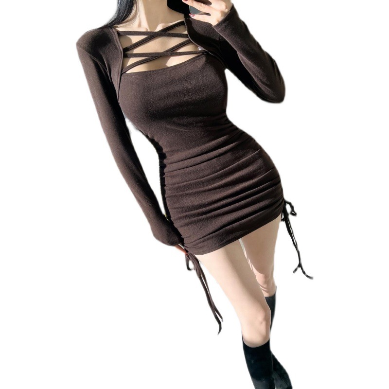 L4089 Comfortable round neck romantic slim square neck cross strap dress women's tight pleated hip skirt