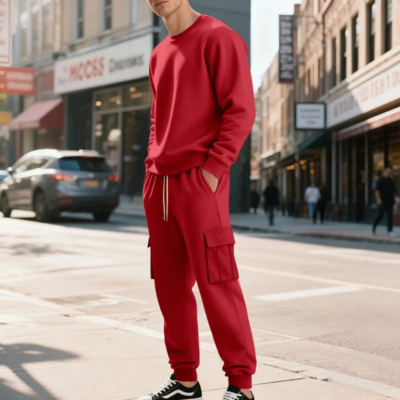 Mens Fleece RoundNeck Sweatshirt Set Loose Casual LongSleeved TwoPiece Autumn Winter Comfortable Cargo Pants 251023