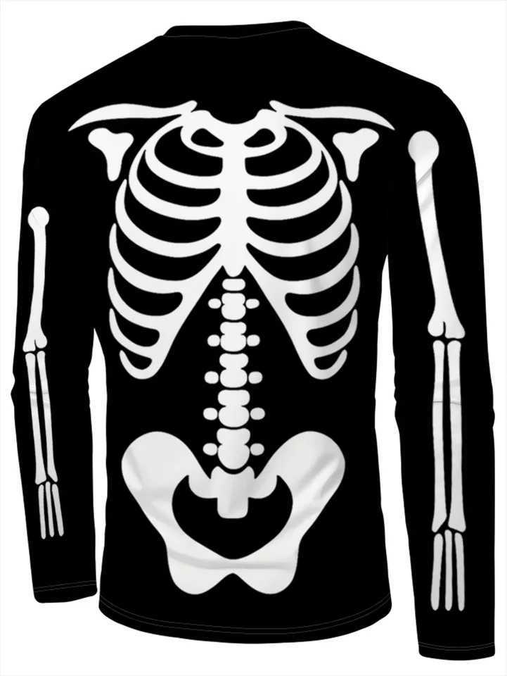 2024 Mens 3D Skeleton Print Tee Ribcage Spine Detail Long Sleeve Round Neck AllSeason HalloweenXJ251023