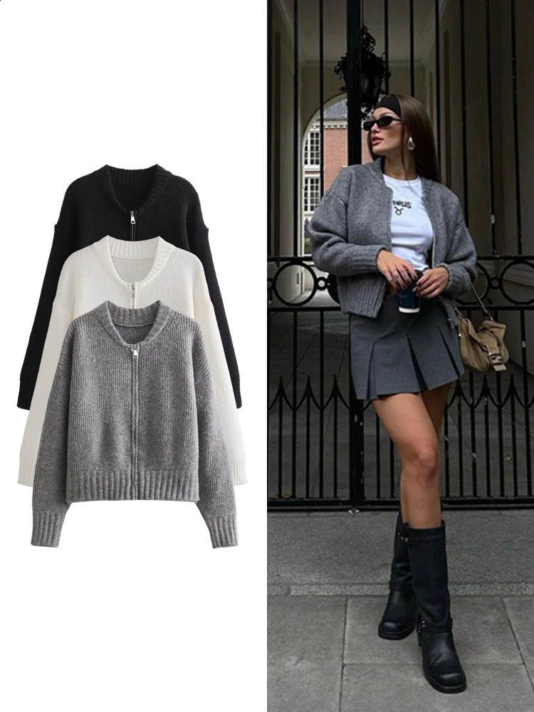Womens Solid Colour Round Neck Cardigan Sweater High Street Casual Long Sleeve Zip Knit Jacket Autumn Winter 251018