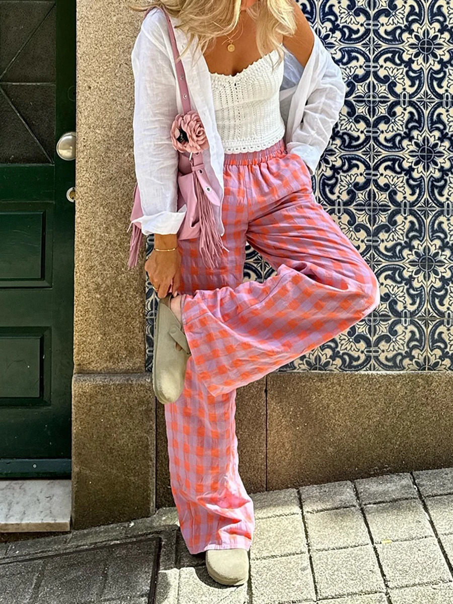Women Fashion Pink Plaid Print Casual Slim Straight Pants Female Chic Zipper Fly Long Length Trousers Mujer 251016