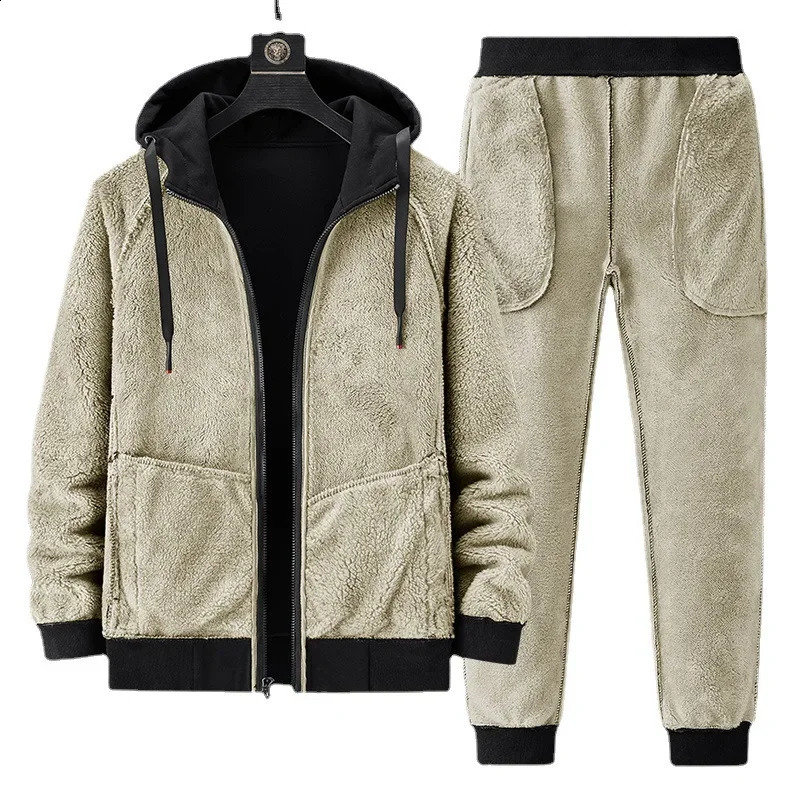 Lamb cashmere Hoodie Pant Tracksuit Men Thick Winter Casual Hooded Track Suit Warm Fleece Sweatshirt 251023
