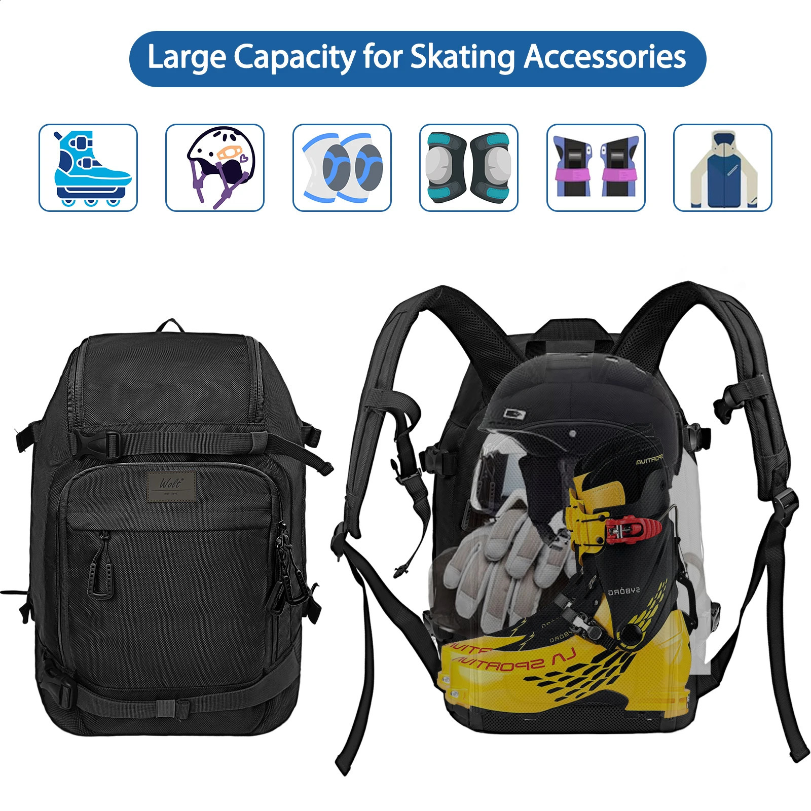 WOLT Roller Skate Bag for Women Men Ice Skate Bag Backpack with Top Helmet Pocket for Roller Blade Fits Shoes Up To Us Mens 13 251021