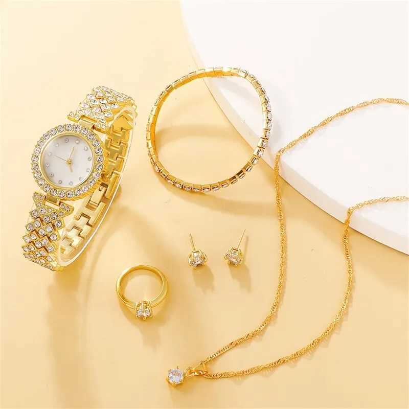 6PCS Set Luxury Watch Women Ring Necklace Earring Rhinestone Fashion Wristwatch Casual Ladies Watches Bracelet Set ClockL251023
