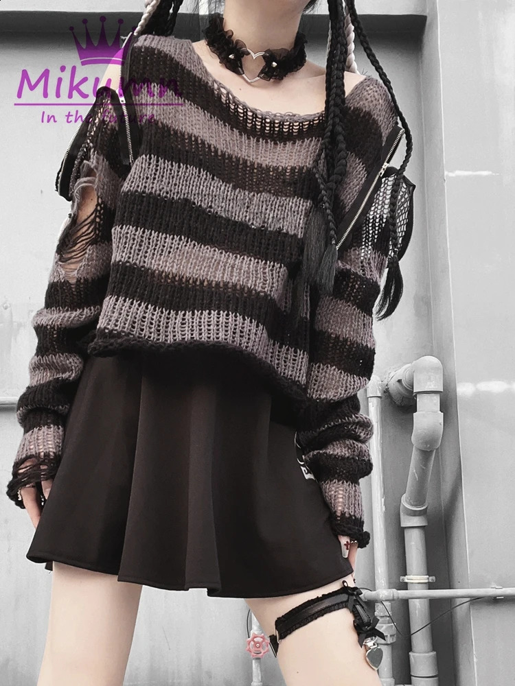 Harajuku Y2k Punk Rock Zipper Sexy Off Shoulder Sweaters Women Gothic Black Grey Red Stripes Broken Hole Loose Knitted Jumpers 251023
