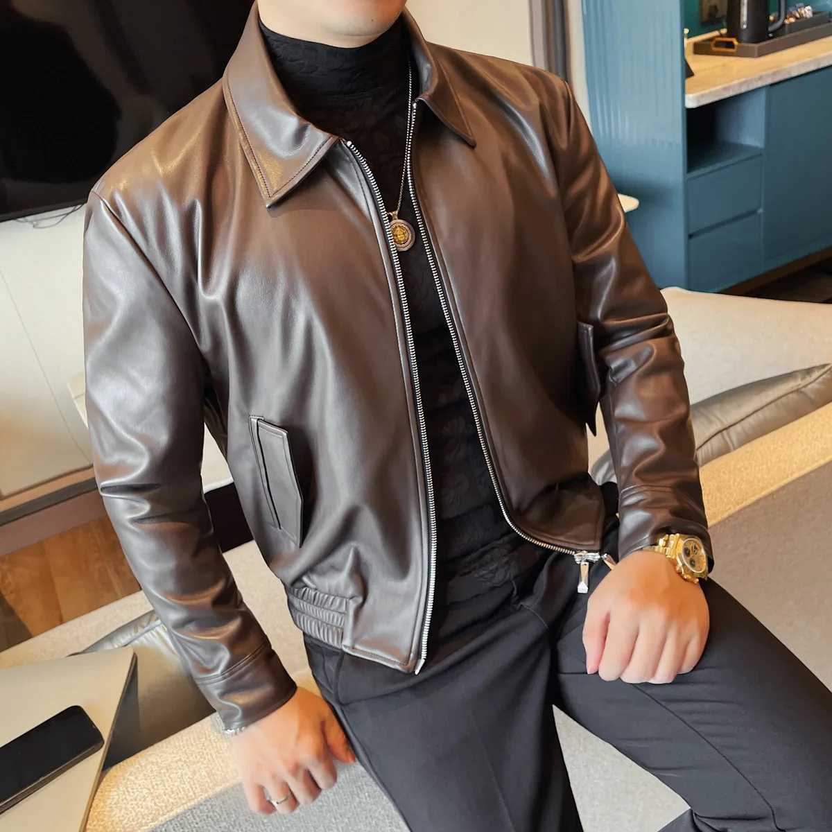BlackCoffee Business Casual Short Jackets For Men High Quality Faux Leather Slim Fit Mens Jacket Long Sleeve Coats Man 4XLM W251023