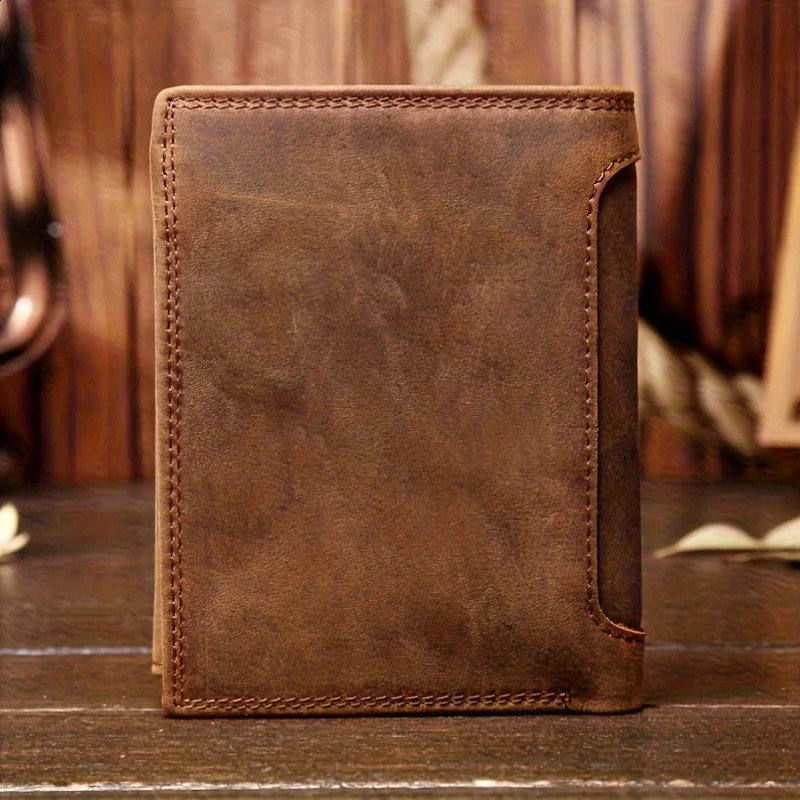Vintage Mens Genuine Leather Wallet with Multiple Card Slots Large Capacity Vertical ID Holder Zippered Compartment251023