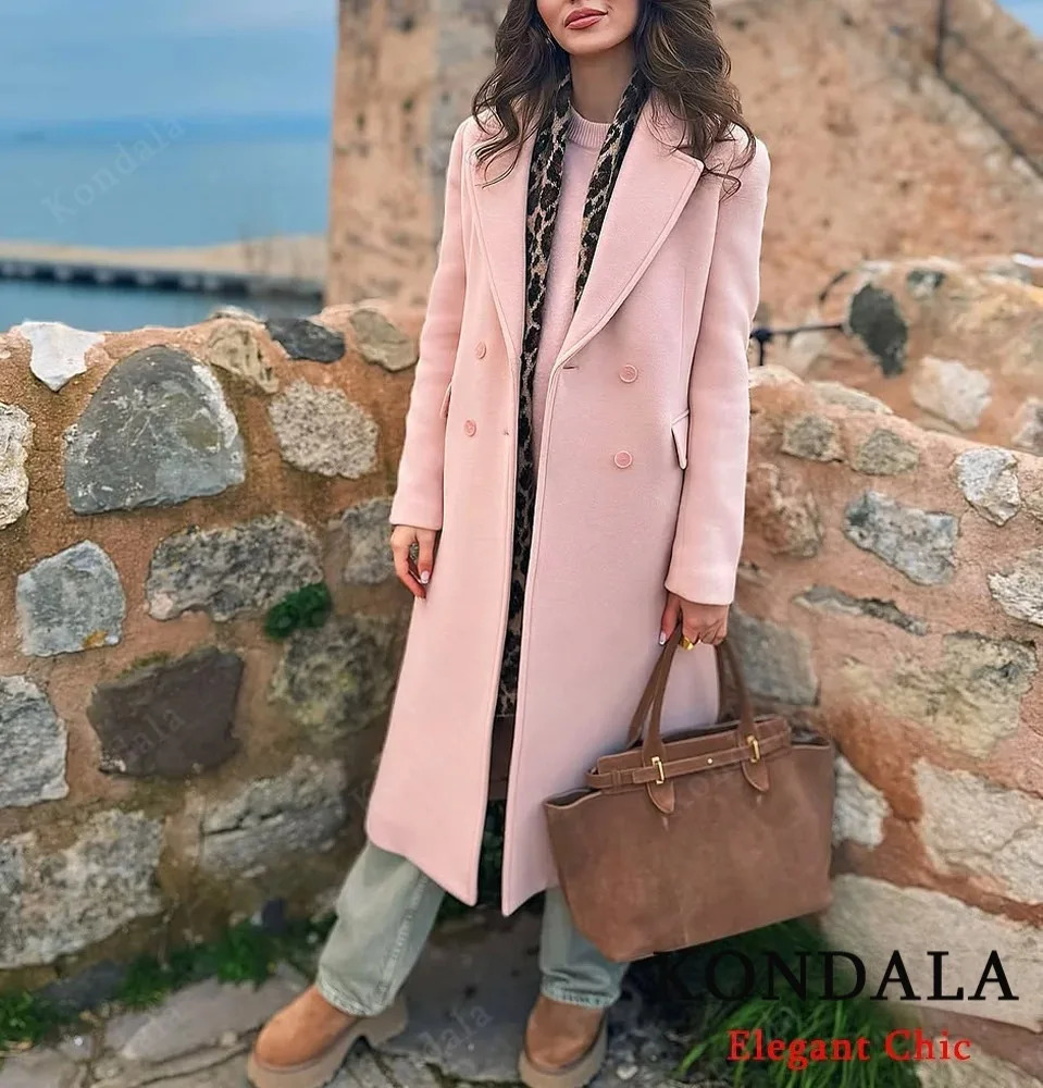 KONDALA Women Fall Elegant Long Coat Blended Lapel Buttons Lined Coat Fashion Autumn Winter High Street Commute Lady Coat 251020