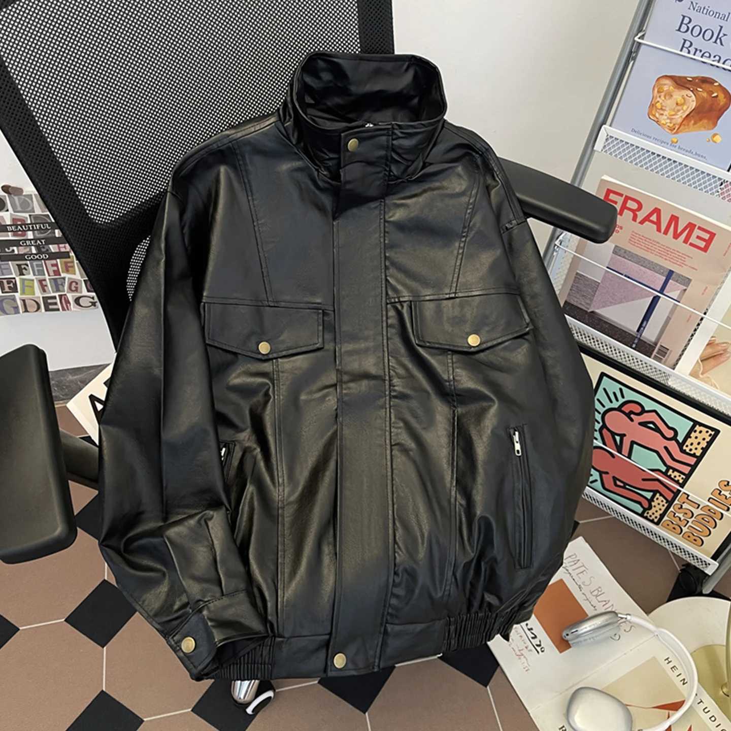 Stand Up Collar PU Leather Jacket For Men Spring Autumn Black Windproof Coat American Casual Fashion Retro Moto Biker Jackets W251023
