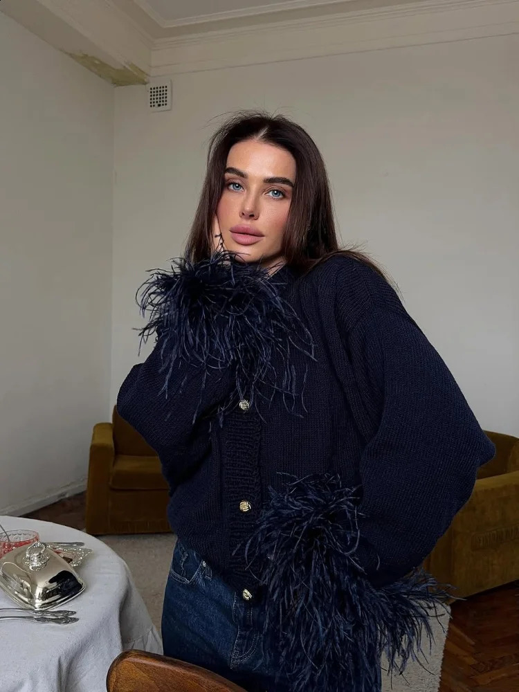 Women Chic Feather Patchwork Knitted Cardigan Oneck Long Sleeve Singlebreasted Short Sweater Lady High Street Knitwear 251022