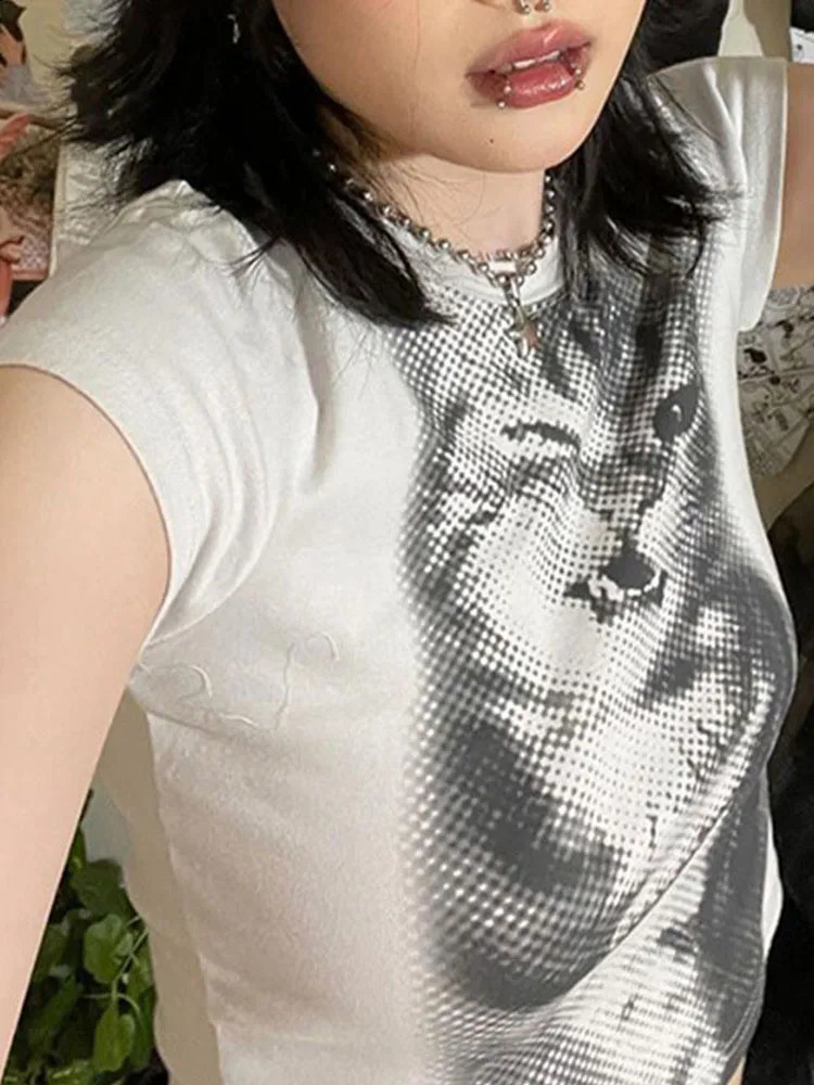 Harajuku Animal Print Crop Top Basic White Short Sleeve Crewneck Tshirt Women Casual Slimfitting Tees Lady y2k Vintage 251022