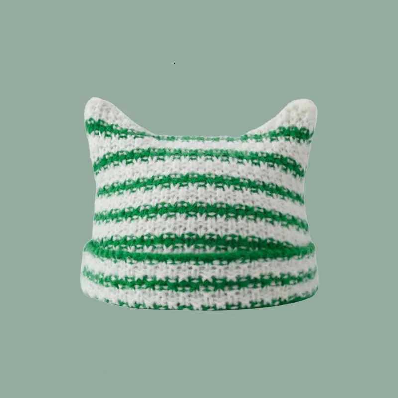 Unisex Cat Ear Stripe Knit Hat Japanese Style Winter Warm Couple Beanie Minimalist Cold Weather Outdoor Fashion Warm CapXJ251023