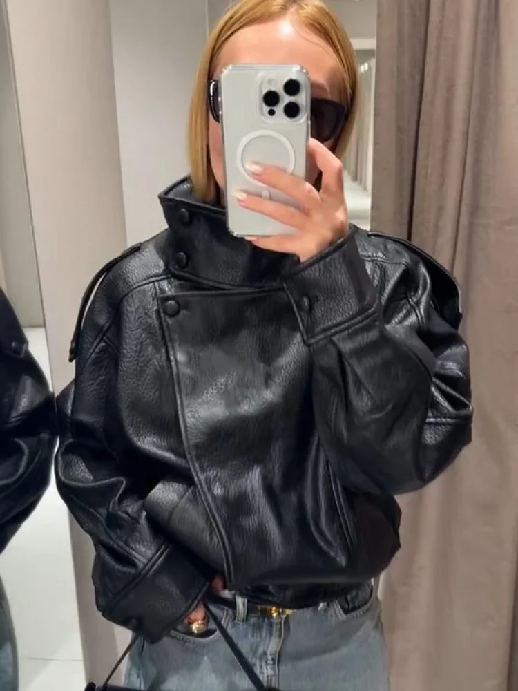 Fashion Black Leather Jacket Women Clothing Autumn Winter Loose Casual Coat PU Leather Motorcycle Jacket Women Tops 251020
