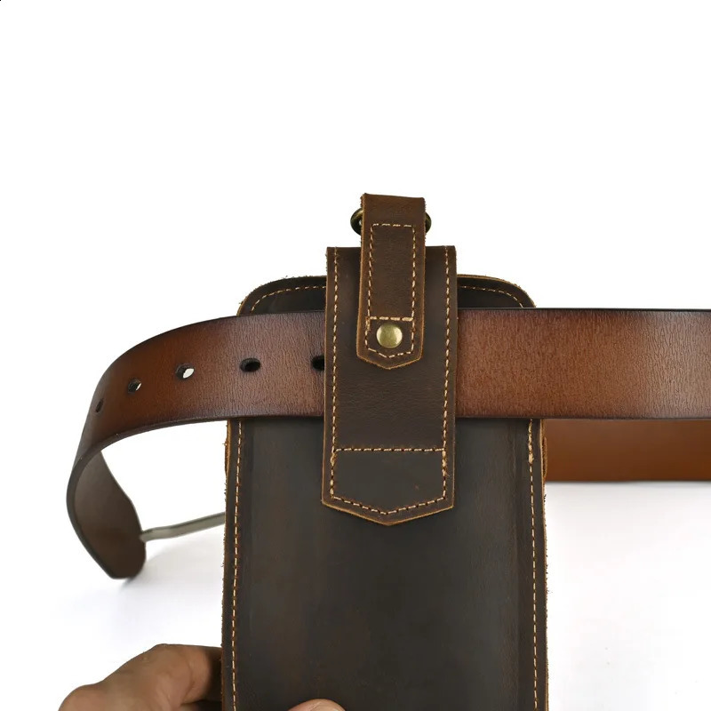 Hardware Clasp Waist Bags Men First Layer Genuine Leather Hang Bag Cowhide Wallets through the belt Zipper Retro Phone Purse251023