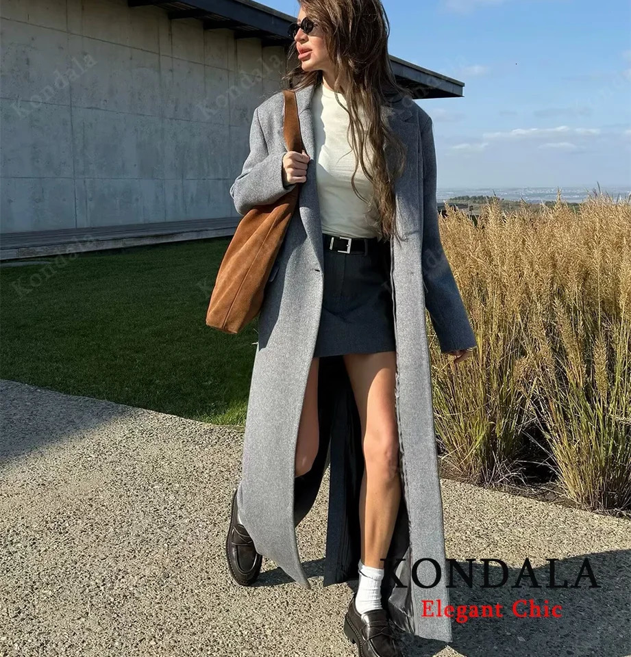 KONDALA Women Fall Elegant Long Coat Blended Lapel Buttons Lined Coat Fashion Autumn Winter High Street Commute Lady Coat 251020