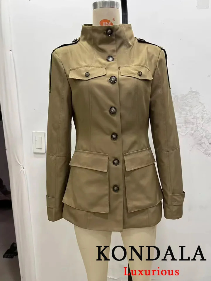 KONDALA Office Lady Trench Jackets Women Long Sleeve Buttons Pockets Chic Khaki Coats Fashion Slim Straight Fall Outwears 251013