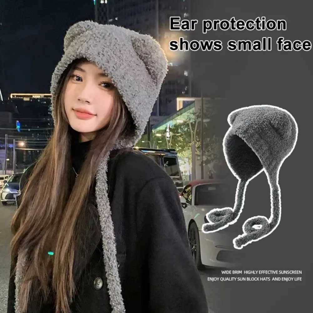 Cute Y2k Bear Ear Wool Hat With Rope Warm Beanies Cap Ear Protection Lace up Winter HatXJ251023