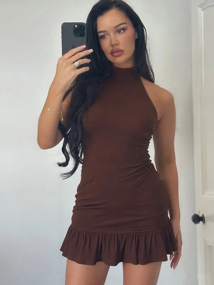 Sisterlinda Concise Basic Mini Dress Hipster Solid Halter Sexy Backless Ruffle Sleeveless Bodycon Female Classic Party Vestidos 251023
