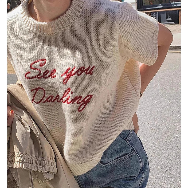 Sueter Mujer Round Neck Contrast Loose Casual Short Sleeved Letter Knitted Sweater Y2k Top Grunge Pullover Jumper 251023