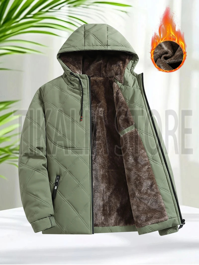 Mens Hooded Quilted Cotton Padded Jacket Winter Warm Coat with Sherpa Fleece Lining Thick Insulated Parka for Cold Weather 251015