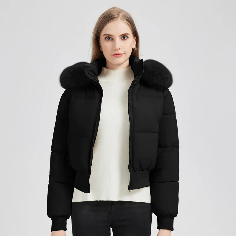 Thicken Short Womens Winter Jacket Korean Style Down Cotton Coat Casual Warm Fur Hooded Cropped Parkas Chic Streetwear 251022