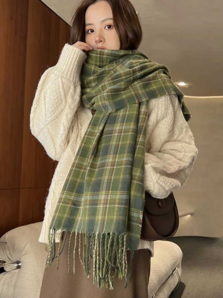New 2023 Imitation Cashmere Women Scarf Winter Preppy Style Vintage Plaid Scarve Mujer Foulard Blanket Wrap Shawl Pareo J251113