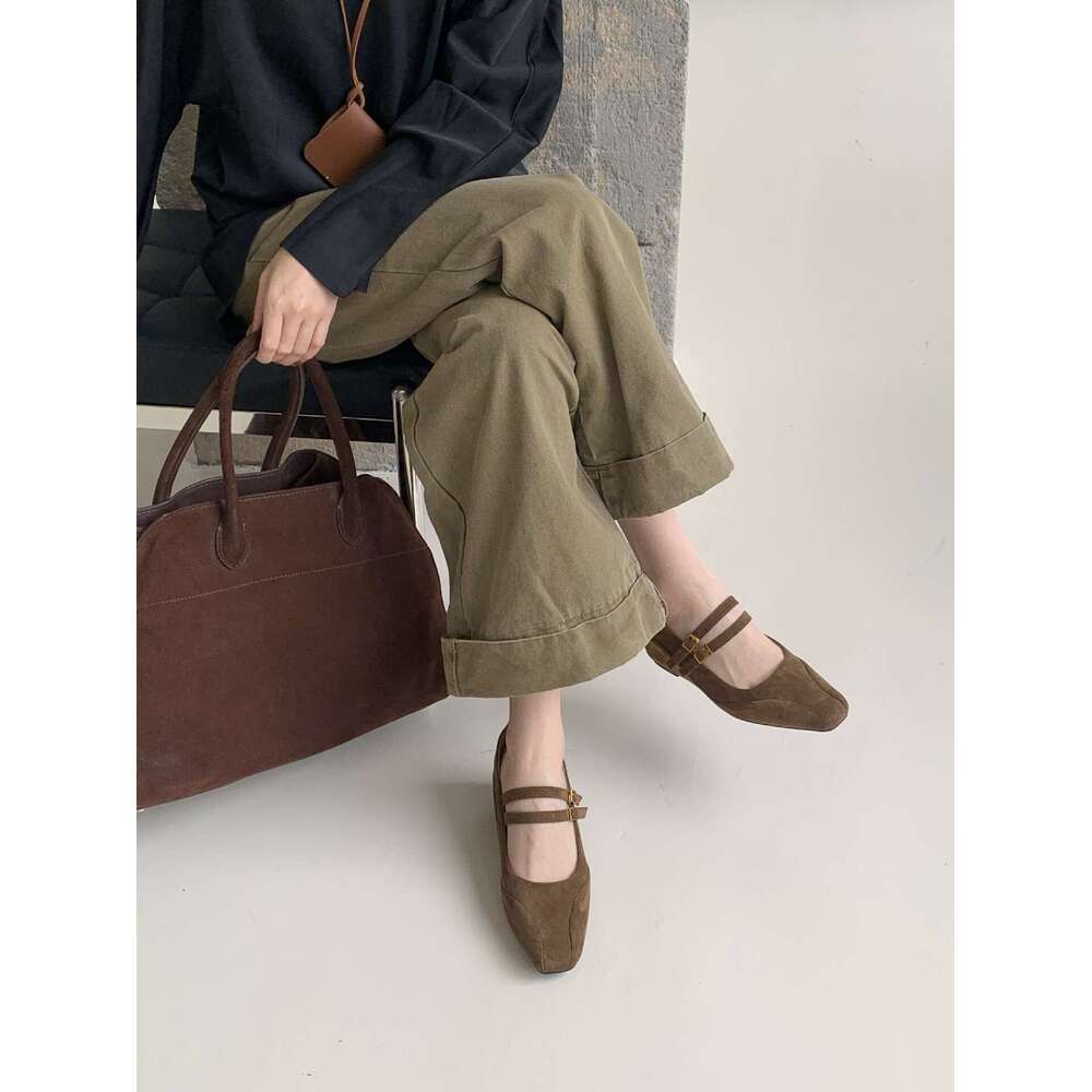 2025 Autumn New Women's British Style Suede Mary Jane Shallow Mouth Wedge Single Shoes Square Toe Small to Match Dresses Elegant Stylish Designer