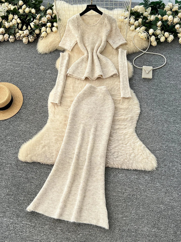 SINGREINY Streetwear Cashmere Sweater Suits Women Beading Oversleeve Knit PulloverElastic Long Skirts Autumn Pearl Knitted Sets 251022