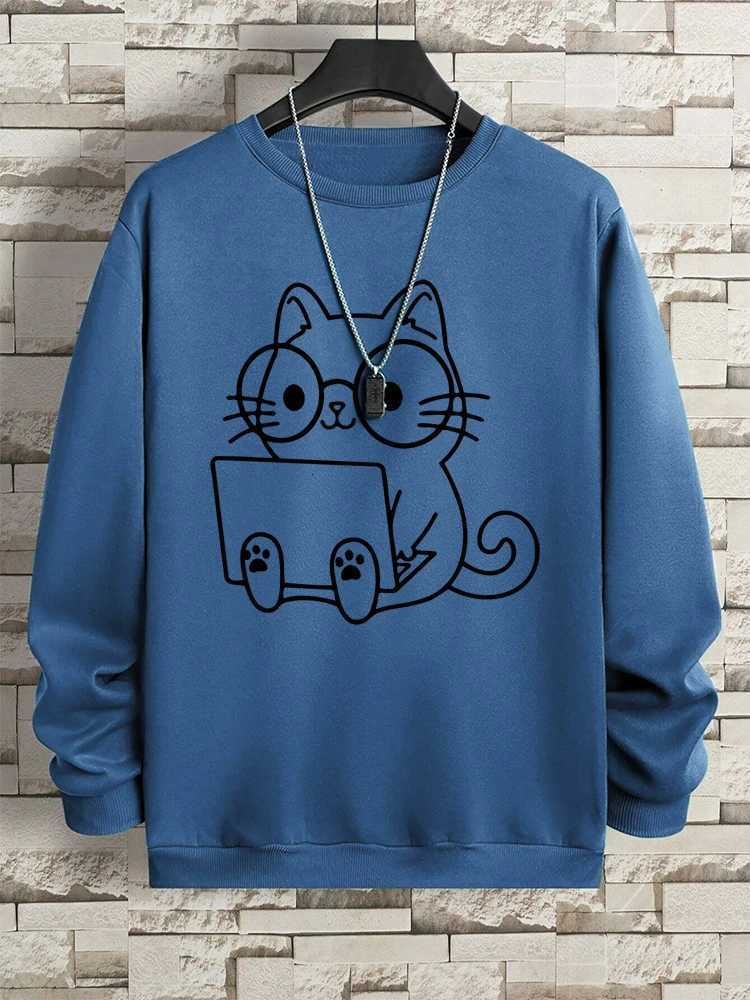 Gentleman Cat At Work Print Man Sweatshirt Hip Hop Loose Hoodie Autumn New Hoody Fashion Streetwear Pullover ONeck MenswearT251023