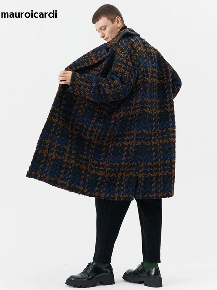 Mauroicardi Autumn Winter Long Loose Stylish Cool Thick Warm Plaid Tweed Woolen Coat Men Double Breasted European Fashion 251023
