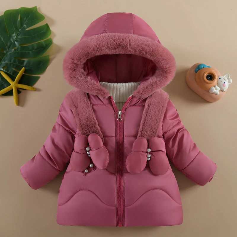 1 2 3 4 Years Baby Girls Jacket Winter New Solid Color Butterfly Decoration Lining Plush Warm Hooded Zipper Down Cotton Outwear Y251023