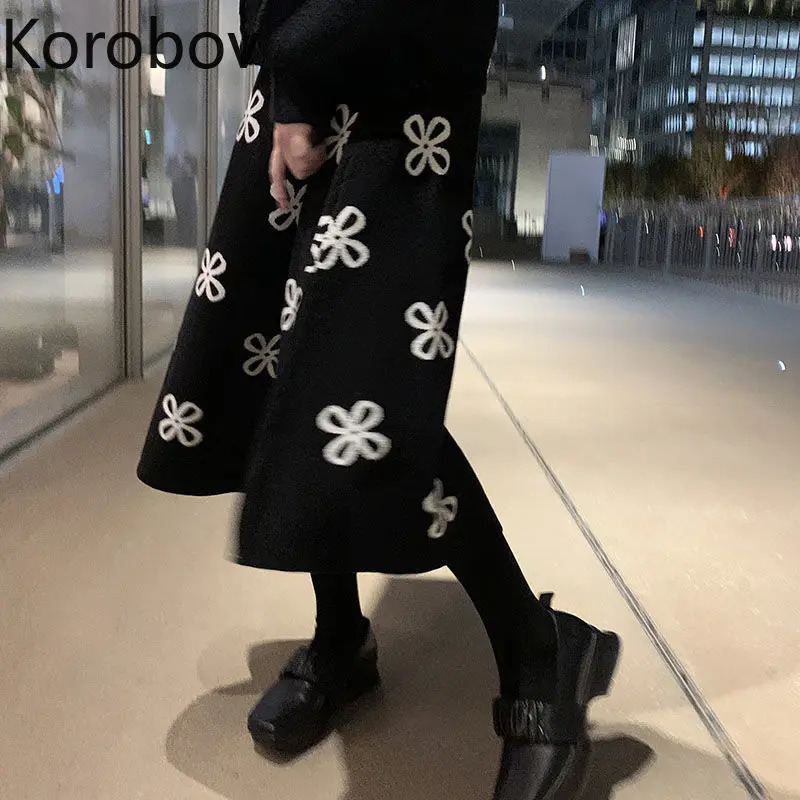 Korobov Vintage Floral Sweet Elegant Black Skirts Korean High Waist ALine Faldas Mujer Autumn Knitted Sweater Skirt 251020