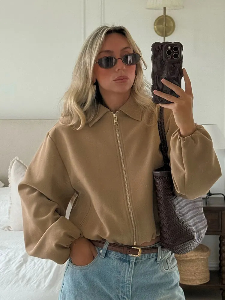 HH Autumn Street Fashion Solid Bomber Jackets Simple Lapel Zipper Fly Long Puff Sleeves With Pockets Womens Casual Coats 251013