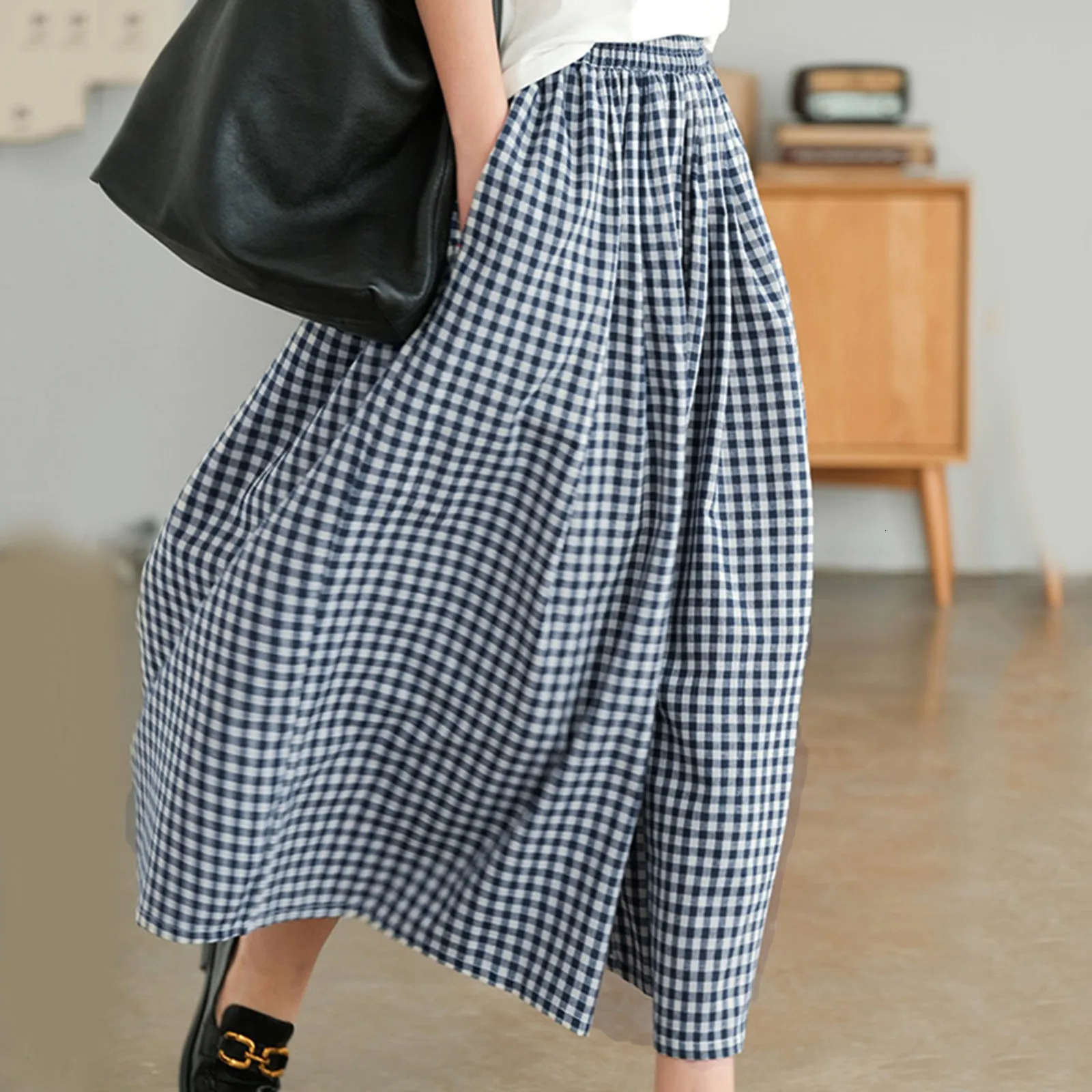 Summer Culotte Pants High Waist Pleated Slanted Pocket AShaped Wide Leg Covering Span Checkered Printing Trousers 251016