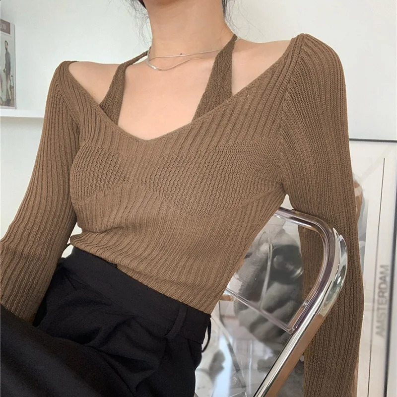 LongSleeved SlimFit Neck Top Womens OffShoulder Retro Solid Simple Knitted Sweater Autumn Winter Sweater Basic Base Shirt 251023