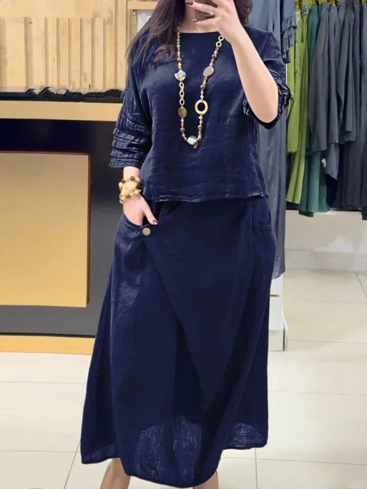 Spring Summer Womens Skirt Suit Pullover Top Oneck Irregular Long Simple Elegant Casual Solid Color 2piece Sets 251022