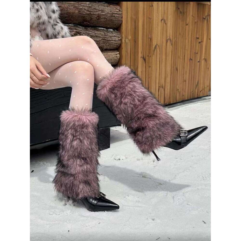 2025 Autumn Fashion Belt Buckle Thin Designer Shoe Heel High Tube Slim Furry Knight Over-the-Knee Straight Warm Women's Boots