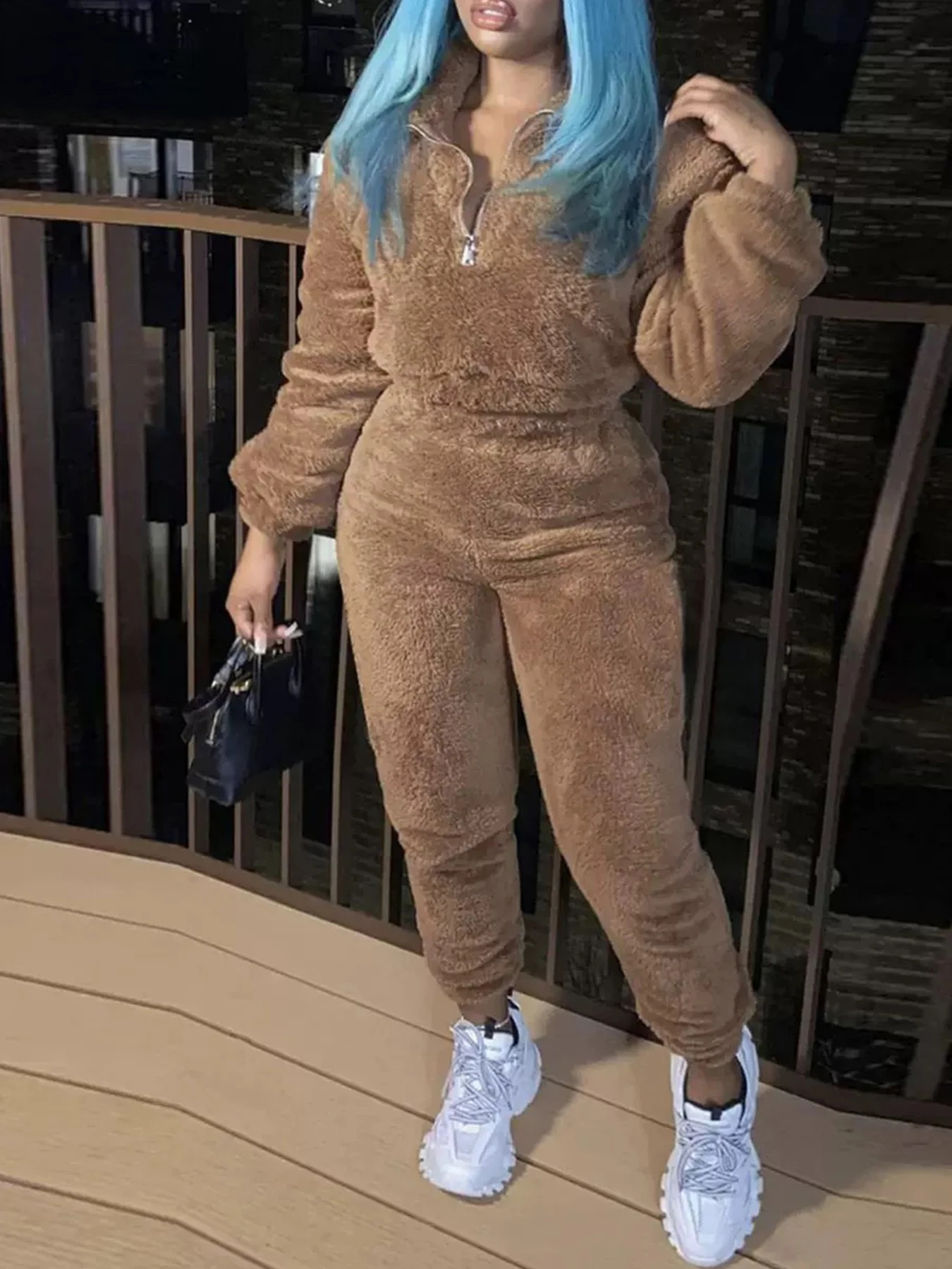 Womens Solid Color Velvet TwoPiece Set LongSleeved SemiOpen Neck Sweatshirt and Slim Pants Machine Washable Suitable 251022