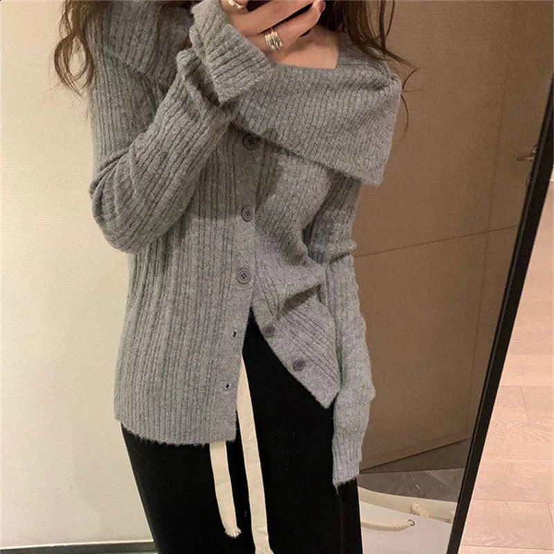 Y2K Sexy OffShoulder Sweater Pullover Women Stretch Slim Slash Collar Jumpers Sweaters Chic Single Breasted Knitted Pullovers 251023