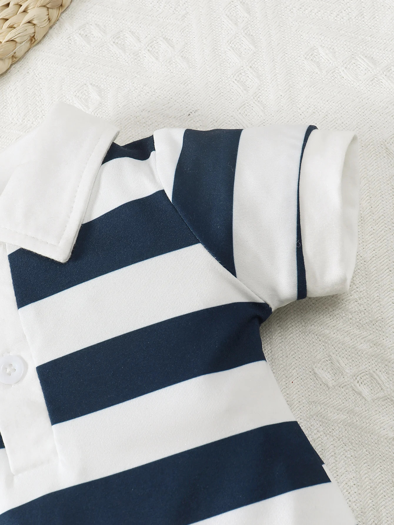 Summer Baby Boy 2pcs Cute Casual Solid Color And Striped Collared Short Sleeve Romper With Button Closure 251023