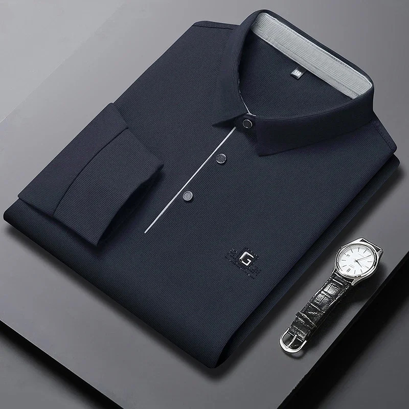 Mens Business Casual Long Sleeved Shirt with Badge Solid Color Polo Shirt Fashionable Breathable Comfortable Versatile Top 251020