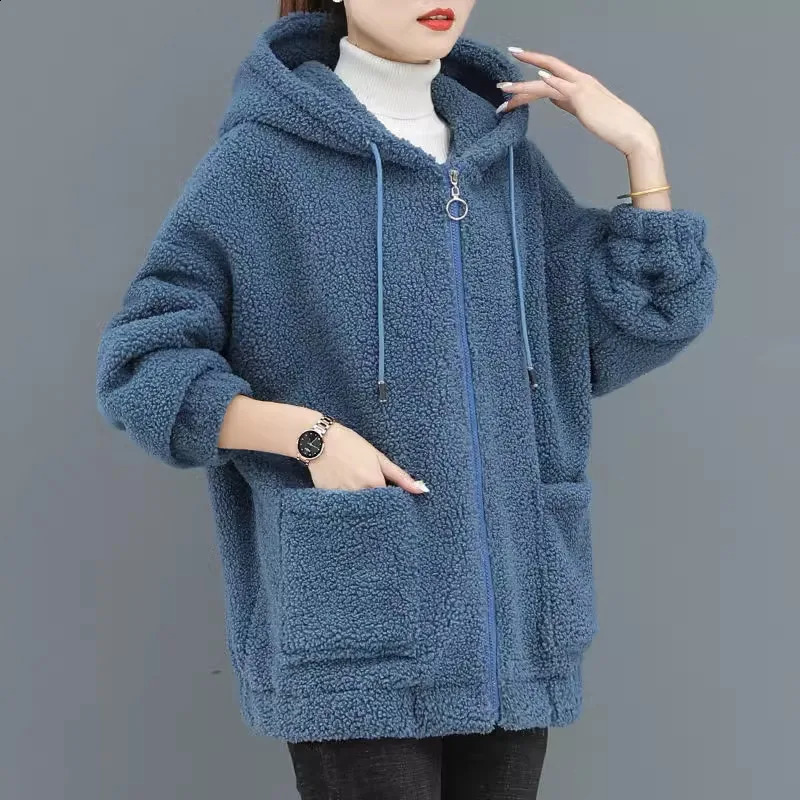 Women Hooded Coat Chic Fleece Thick Solid Color Pockets Long Sleeves Loose Warm Plush Zipper Cardigan Outdoor Autumn Winter 251022
