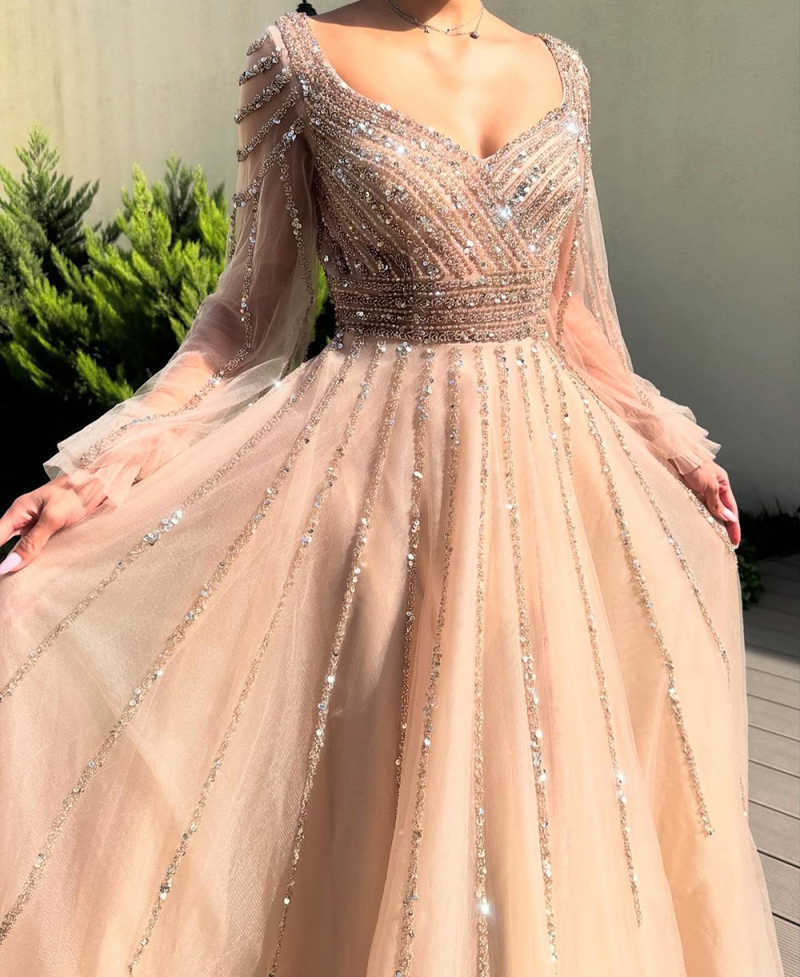 Modern Evening Dresses V-Neck Sequins Beads Tulle Long Sleeves Crystal Sequins Formal Prom Party Gowns Robe De Soriee Customized